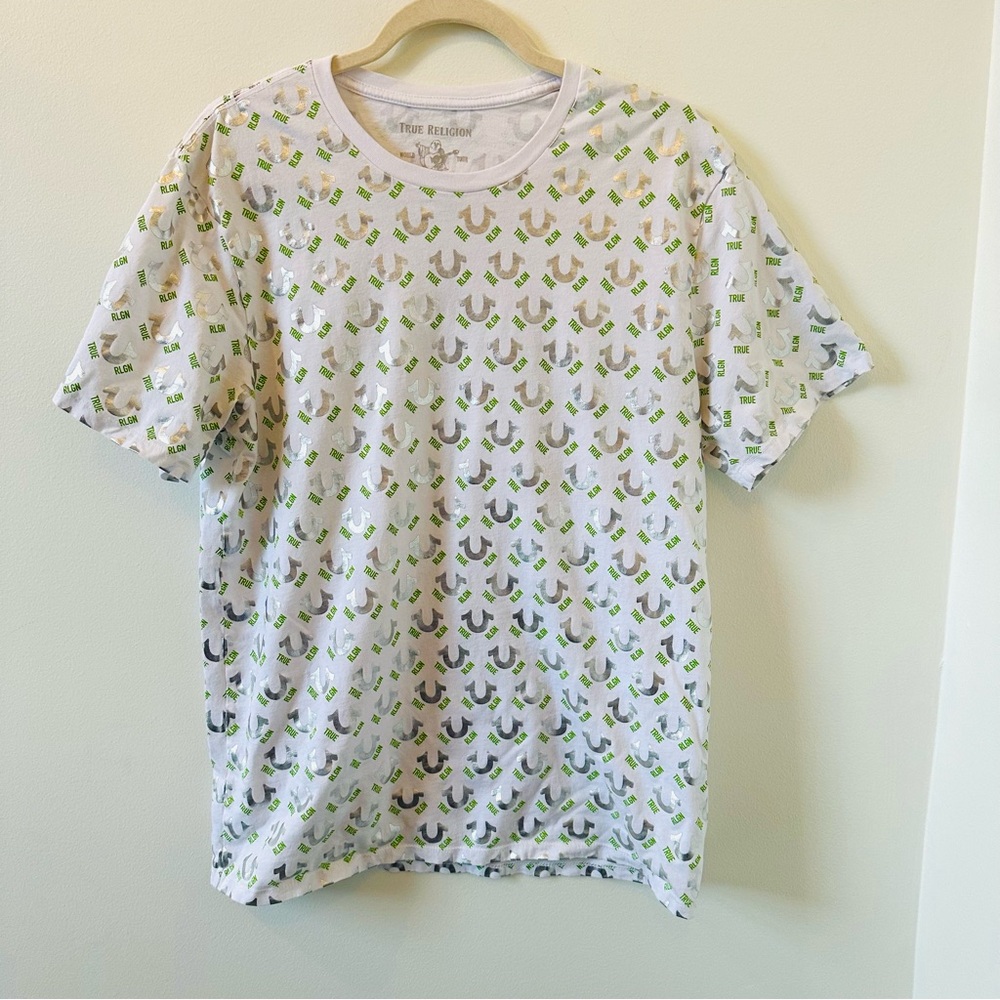 True Religion Silver Foil logo shirt Size Large 
EUC